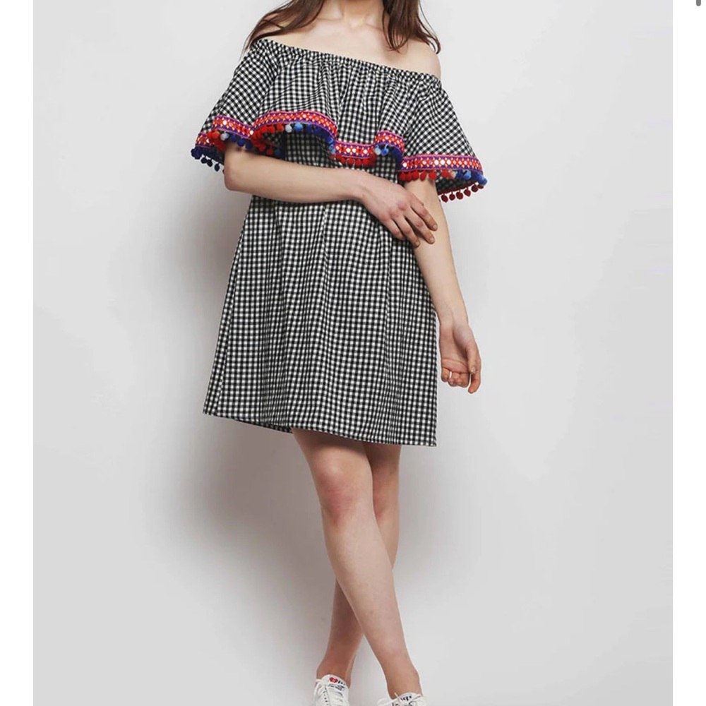 A&B Gingham Off-Shoulder Dress with Pom Pom Trim